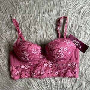 Adored By Adore Me Longline Bra Women’s Size 32C‎ Pink Floral Lace Lightly Lined